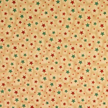 Baumwolldruck Sterne in Grün und Rot auf Beige mit Goldglitzeroptik